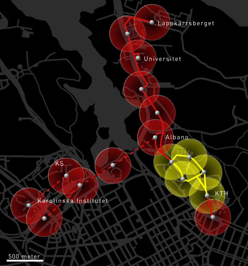 Sidan 13 av 18 2.4 Spårbilar En utredning om spårbilar inom Vetenskapsstaden pågår. I en första etapp planeras en pilotbana på KTH-området (se gul sträckning i figuren).