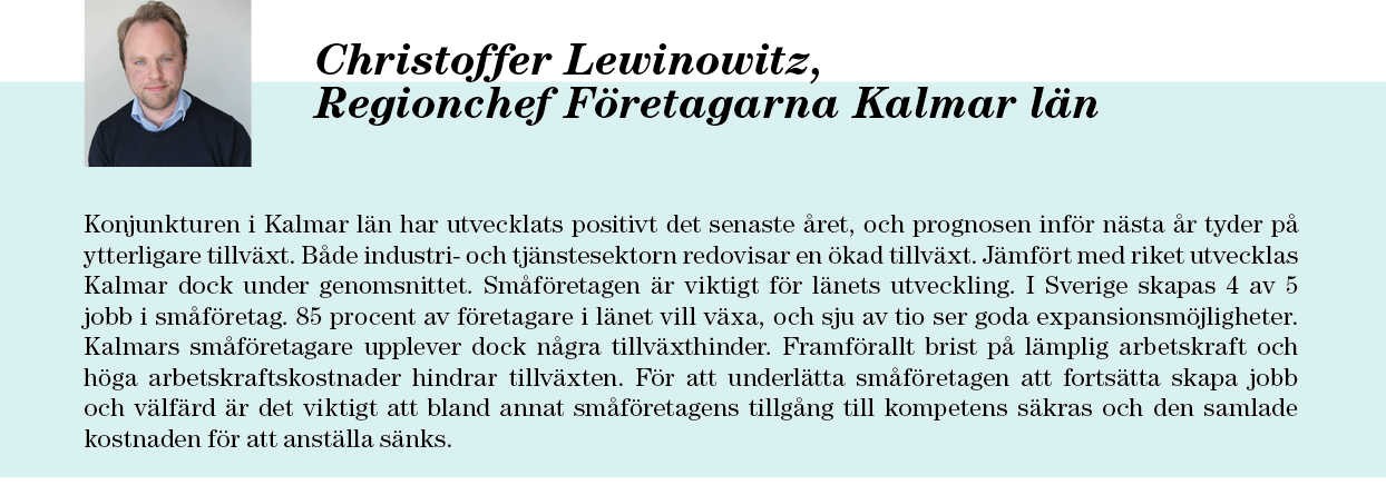 Den sammanvägda konjunkturindikatorn (71) placerar alltså Kalmar län under riksgenomsnittet (80). Endast fem län har en lägre konjunkturutveckling. Figur 13 visar länsfördelningen.