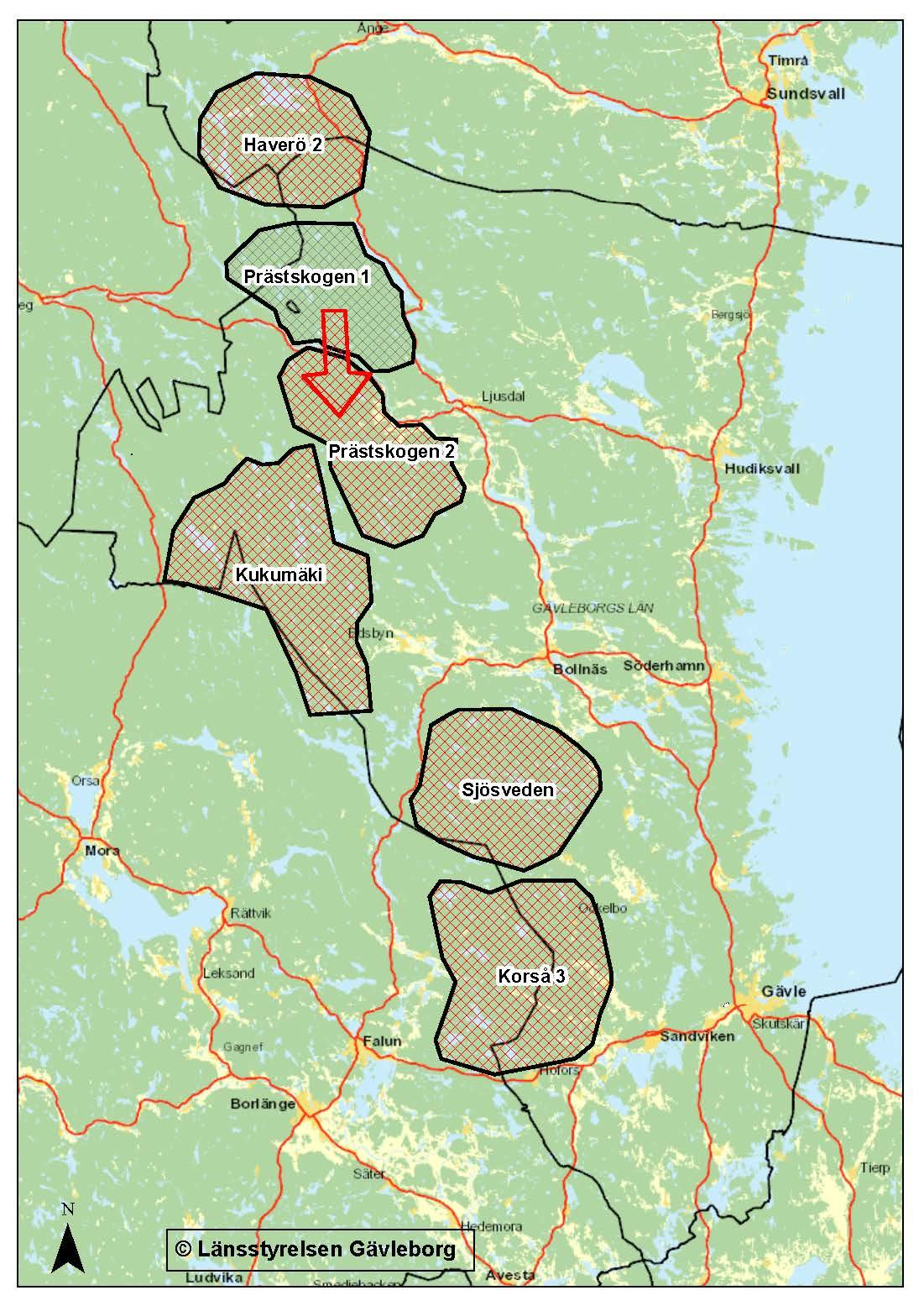 Resultatet från varginventeringen vintern 2012/2013. Vargarna i Prästskogen-reviret flyttade söderut under vintern, vilket illustreras med en pil på kartan.