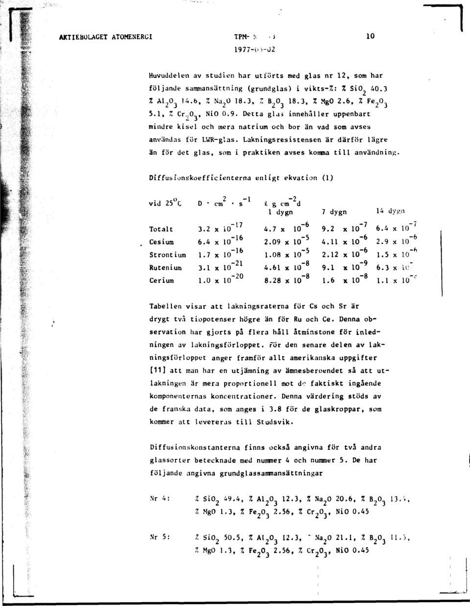 Lakningsresistensen är därför lägre än för det glas, som i praktiken avses komma till användning. Diffusionskoefficienterna enligt ekvation (1) vid 25 C Totalt Cesium Strontium Rutenium Cerium D 3.