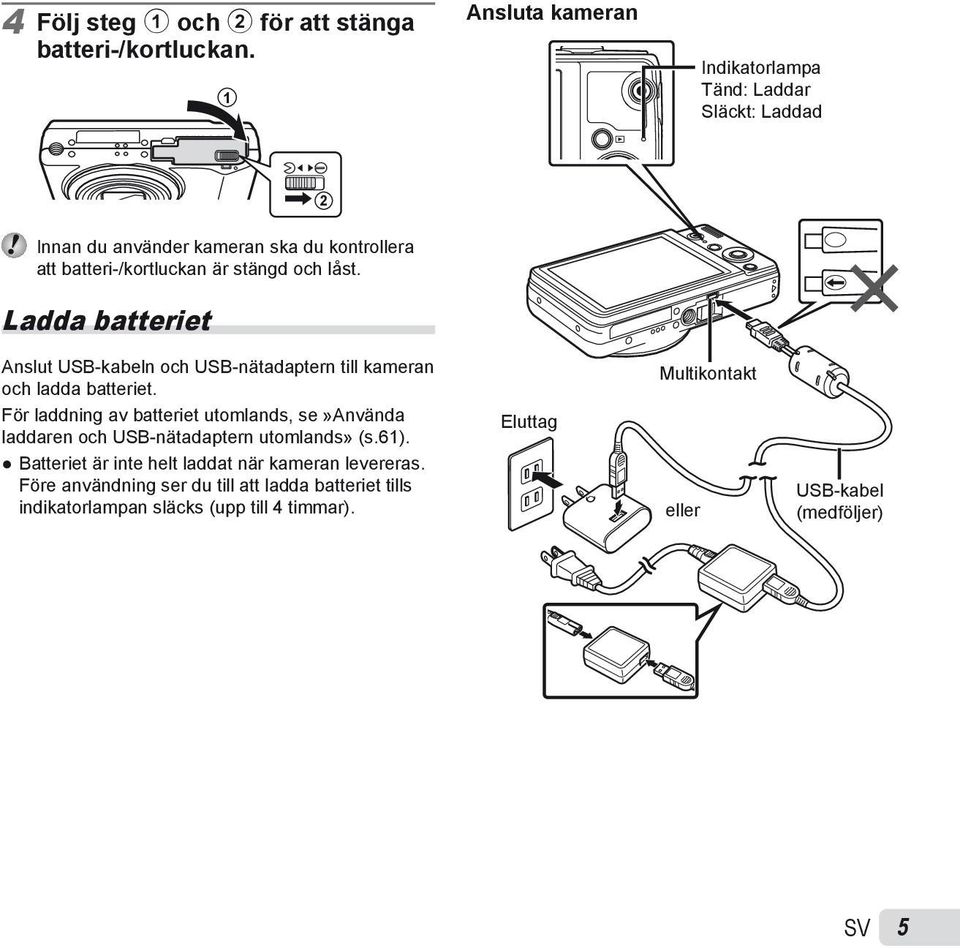 låst. Ladda batteriet Anslut USB-kabeln och USB-nätadaptern till kameran och ladda batteriet.