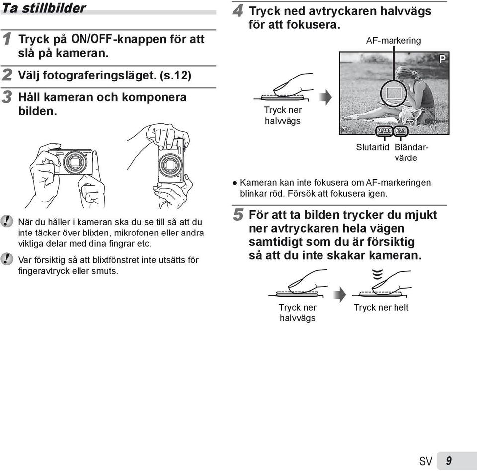 0 Bländarvärde P När du håller i kameran ska du se till så att du inte täcker över blixten, mikrofonen eller andra viktiga delar med dina fi ngrar etc.