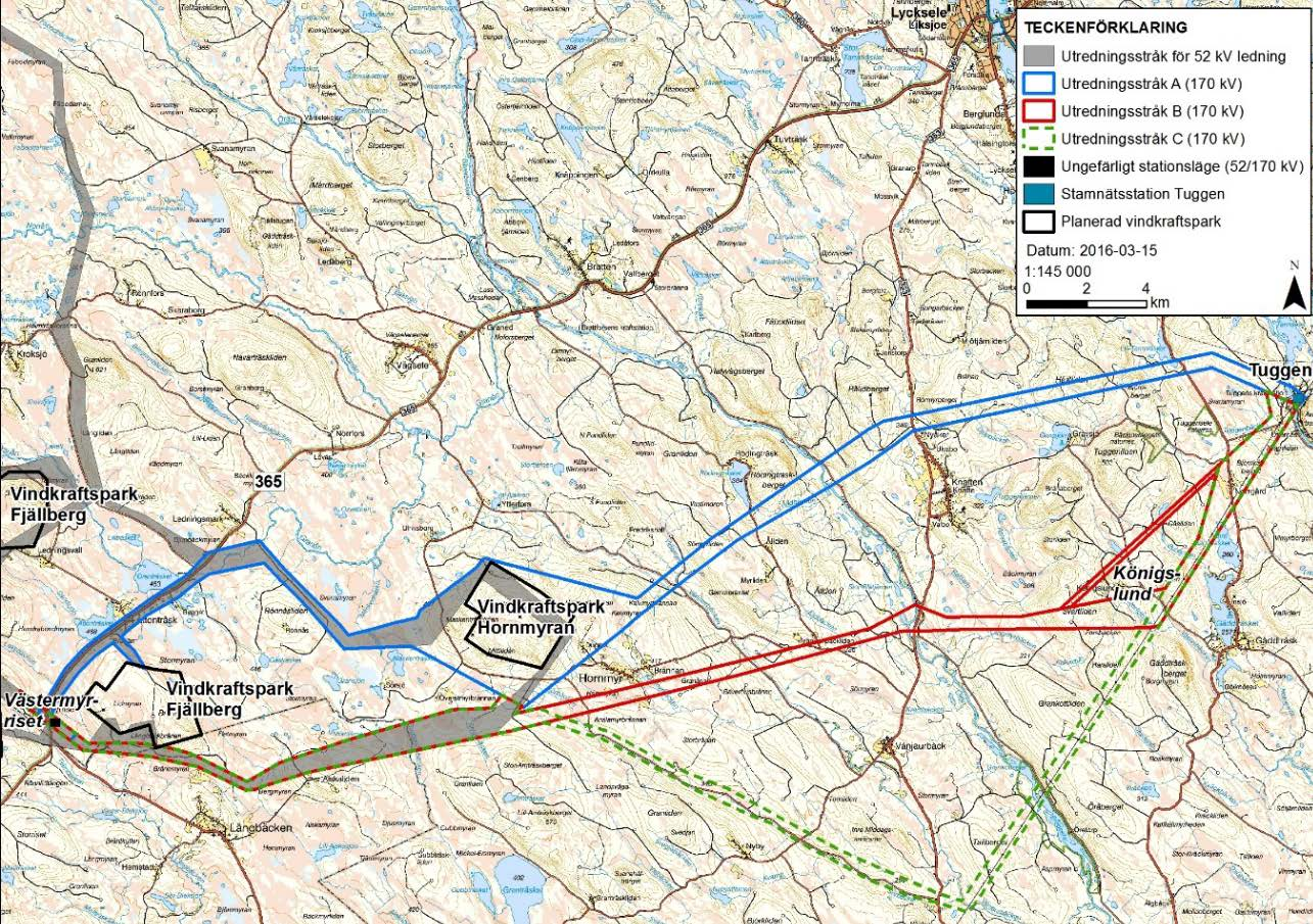 5(14) Figur 2. Karta med utredningsstråk A, B och nytt stråk C för 170 kv ledningen. Alternativa tekniska utföranden Skellefteå Kraft har valt bort markkabel som tänkbart alternativ.