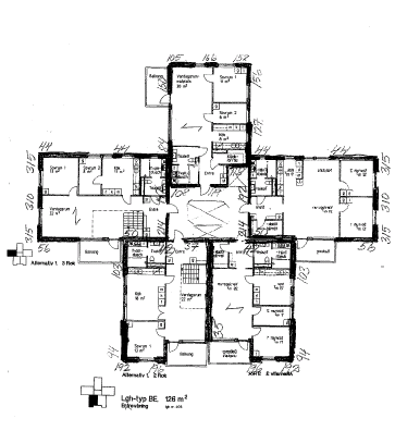 Bilaga 3:8 8. Planlösning enligt Solängsgläntan Husen har fem våningar. Husens taklutning uppskattas till ca 22 grader. Husen har formen av ett kors.