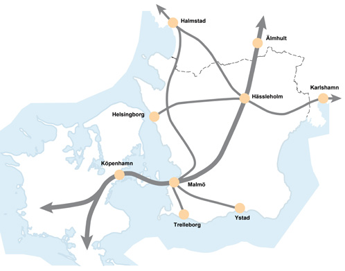 305 Skåne som gods- och logistikregion Öresund kan beskrivas som en logistikregion bestående av flera noder med kompletterande funktioner och egenskaper vilka stödjs av infrastruktur som dessutom