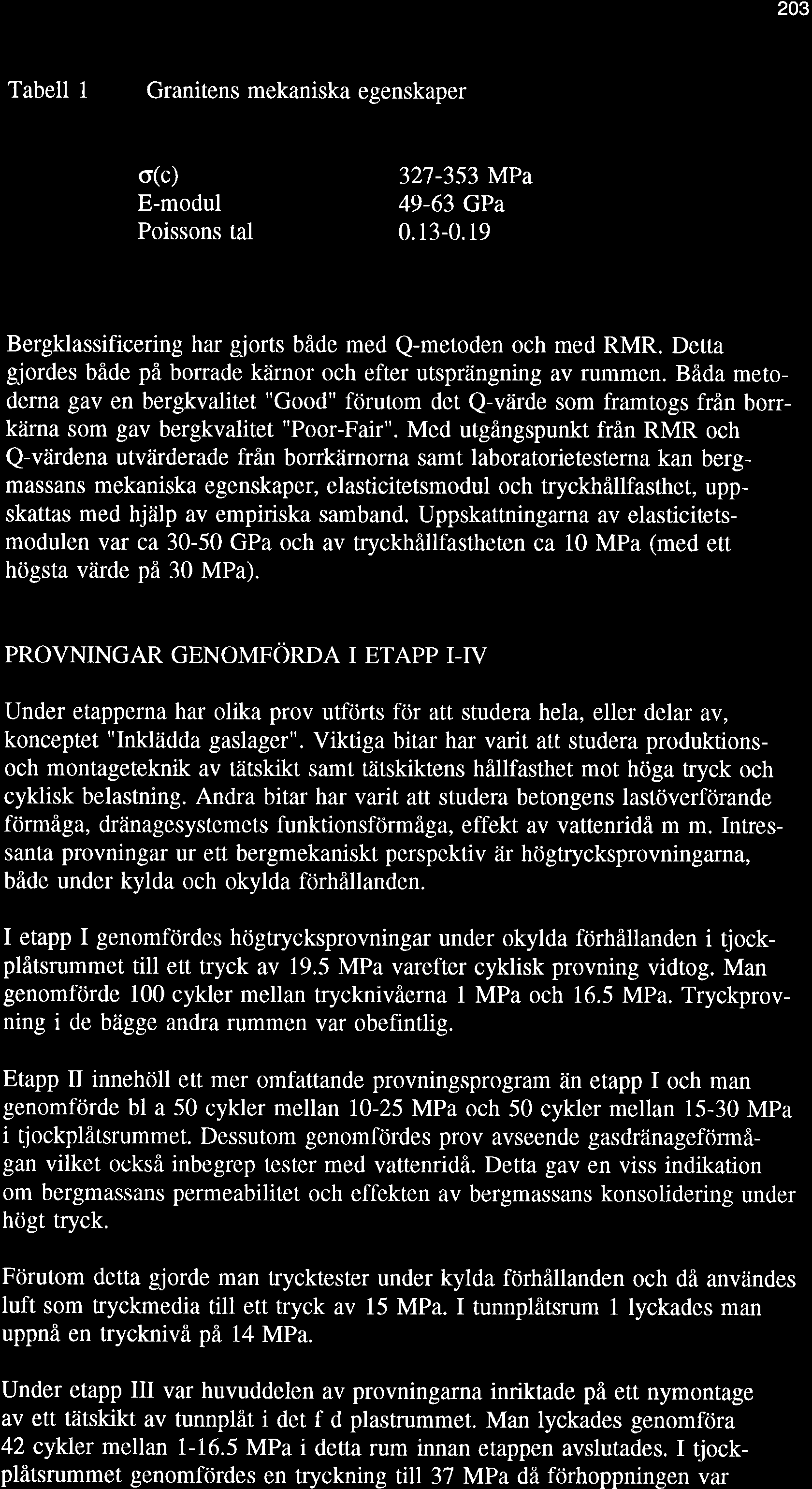 203 Tabell 1 Granitens mekaniska egenskaper o(c) E-modul Poissons tal 327-353 lvlpa 49-63 GPa 0.13-0.19 Bergklassificering har gjorts både med Q-metoden och med RMR.