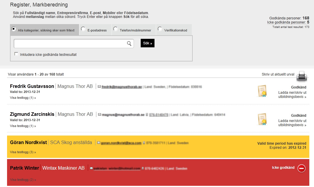 8 3 7 4 5 6 3. Överst på listan visas den person som senast har klarat testet. Under namnet visas hur länge utbildningsbeviset är giltigt. 4. Klickar du på texten Visa testlogg kan du se hur många gånger personen har genomfört testet och hur många rätt personen uppnådde vid varje försök.