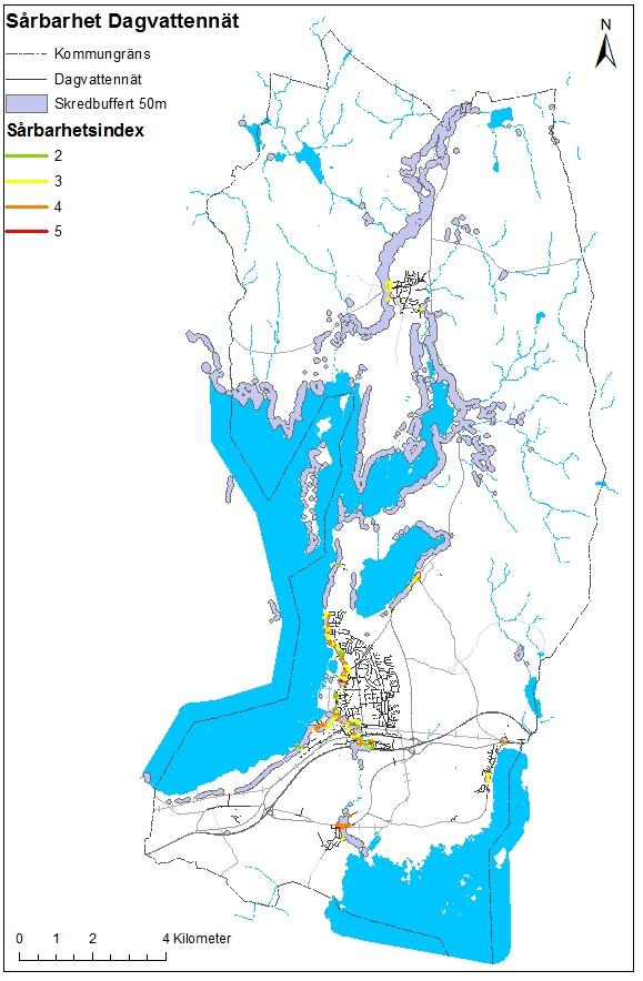 3.3.2 SÅRBARHET DAGVATTENNÄT Sårbarhetskarteringen av dagvattennätet i hela Bromölla kommun visas i figur 3.6.