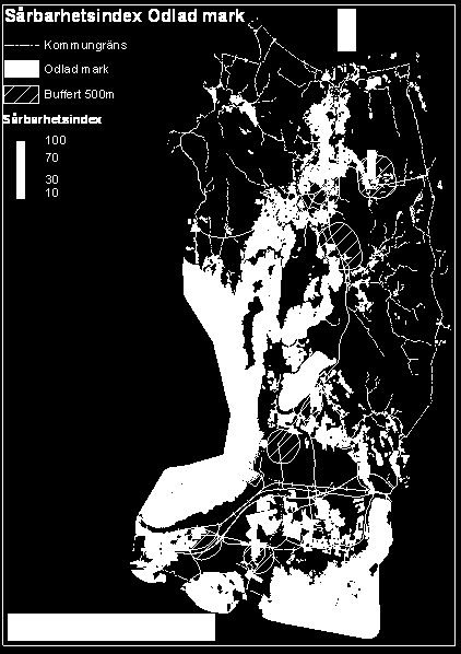 3.3.2 ODLAD MARK Sårbarhetskarteringen av areal odlad mark i närheten av grundvattentäkter syns i figur 3.9.
