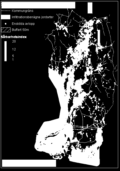 3.3.3 ENSKILDA AVLOPP Sårbarhetskarteringen av enskilda avlopp i närheten av grundvattentäkter syns i figur 3.10.