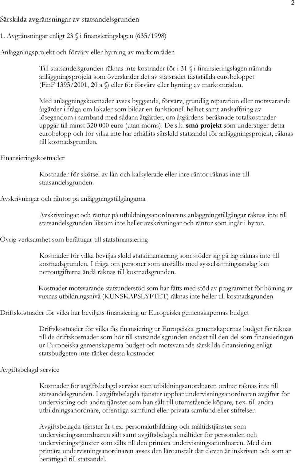 finansieringslagen.nämnda anläggningsprojekt som överskrider det av statsrådet fastställda eurobeloppet (FinF 1395/2001, 20 a ) eller för förvärv eller hyrning av markområden.