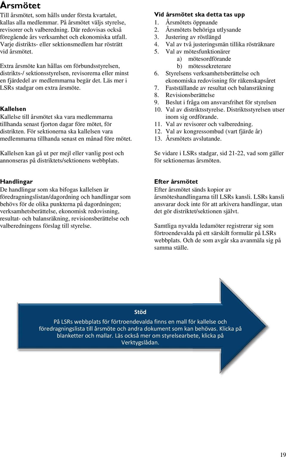 Extra årsmöte kan hållas om förbundsstyrelsen, distrikts-/ sektionsstyrelsen, revisorerna eller minst en fjärdedel av medlemmarna begär det. Läs mer i LSRs stadgar om extra årsmöte.