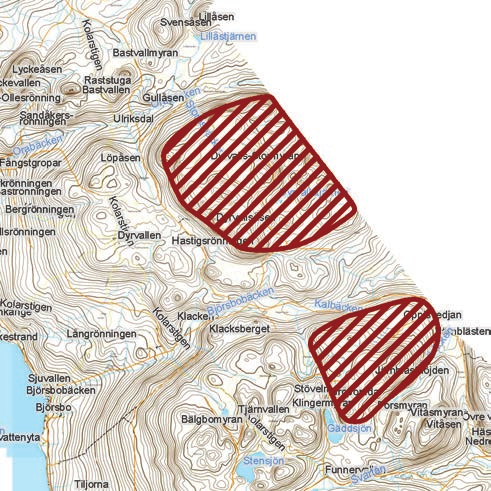 Tidigare och förändrade vindkraftsområden Järnblästen De två vindkraftsområdena sträcker sig från Oradalgången i norr ner till Gäddsjön i söder, beläget på Dellenkraterns bergsryggar.