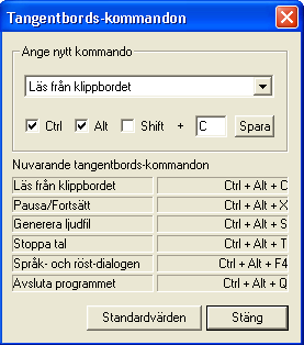 Bild 12. Bild som visar inställningar för Tangentbords-kommandon i Voxit Macaw Clipboard För att ändra ett tangentbords-kommando väljer man först det kommando man vill ändra i listan i dialogen.