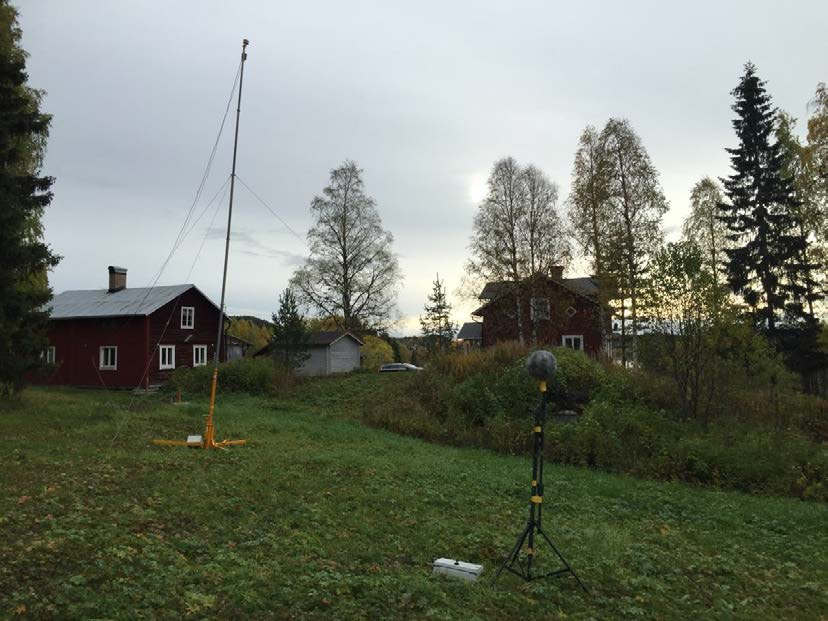 Placering vädermast Bild 3. Bild tagen från vädermast i riktning mot bostadshus, med mikrofonens position inringad med röd ring.