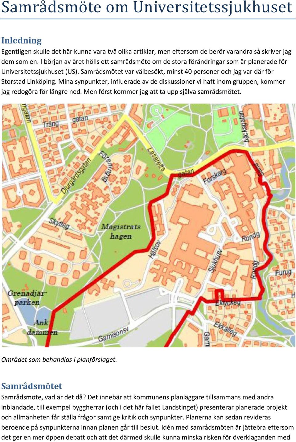 Mina synpunkter, influerade av de diskussioner vi haft inom gruppen, kommer jag redogöra för längre ned. Men först kommer jag att ta upp själva samrådsmötet. Området som behandlas i planförslaget.