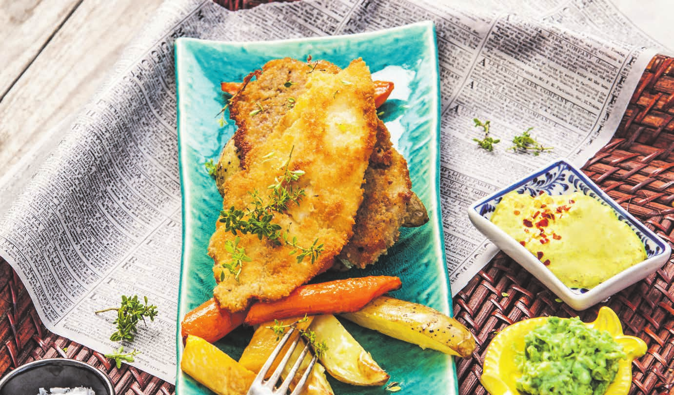 RECEPT 1 30 min 509 kcal/port Fett 23g Kolhydrater 46g Protein 29g Fish n chips Panerad fisk med krispiga rotsaker.