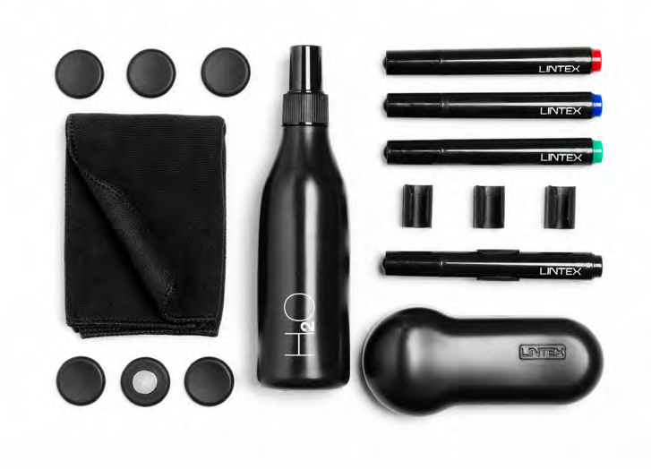 Lintex Prislista 2016 Tillbehör Skrivtavlor Startset Black Startset Innehåller fyra pennor, sex magneter, sprayflaska för rengöring med vatten, tavelsudd, tre filtar, en microfiberduk och fyra