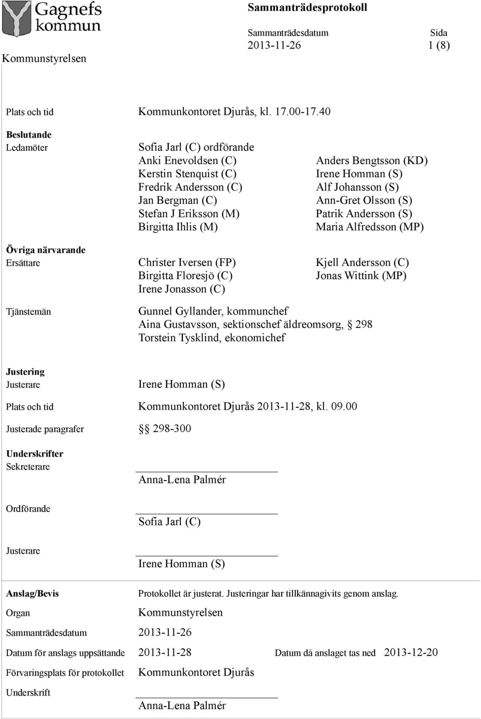 Homman (S) Alf Johansson (S) Ann-Gret Olsson (S) Patrik Andersson (S) Maria Alfredsson (MP) Övriga närvarande Ersättare Christer Iversen (FP) Kjell Andersson (C) Birgitta Floresjö (C) Jonas Wittink