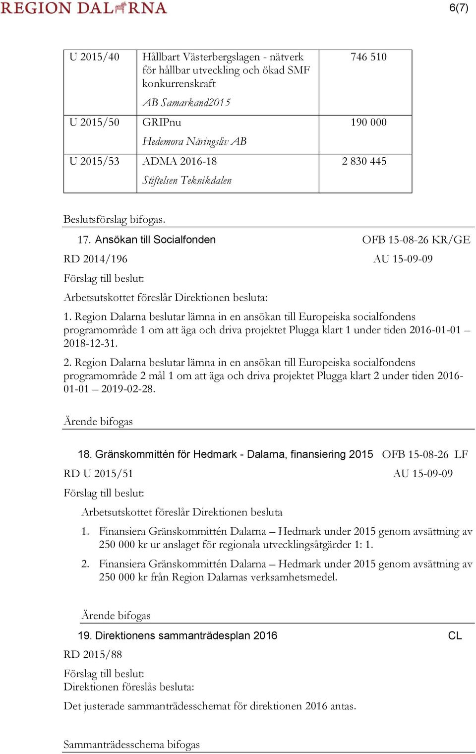 Ansökan till Socialfonden OFB 15-08-26 KR/GE RD 2014/196 AU 15-09-09 Förslag till beslut: Arbetsutskottet föreslår Direktionen besluta: 1.