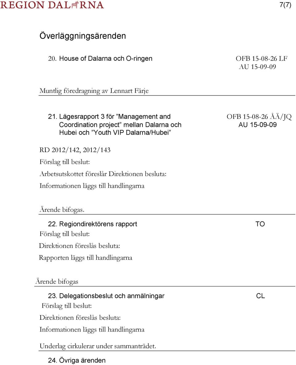 Arbetsutskottet föreslår Direktionen besluta: Informationen läggs till handlingarna Ärende bifogas. 22.