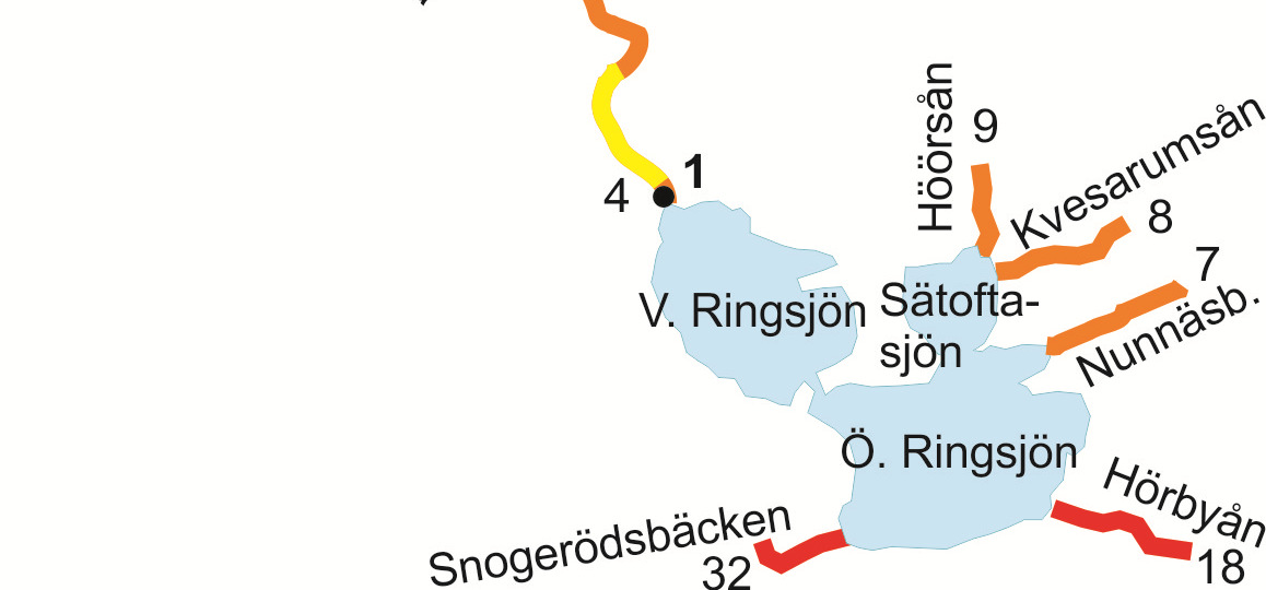 Rönne å - Vattenkontroll 214 Arealspecifik förlust Arealförlusterna 214 för fosfor var mycket höga (klass 5) i Snogerödsbäcken, höga (klass 4) i Hörbyån, Pinnån och Rössjöholmsån, samt måttliga