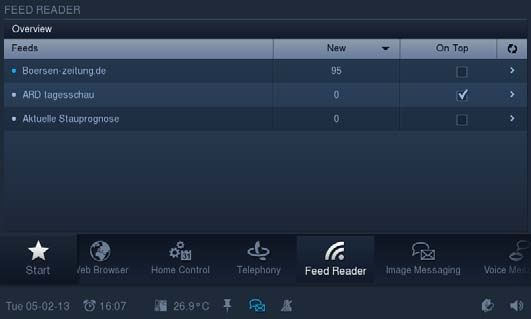 Funktionsbeskrivningar 13.21 Feed-Reader Med Feed-Reader går det att direkt på visa och läsa upp till tio "nyhetsflöden" i en kompakt form. Det kan t.ex.