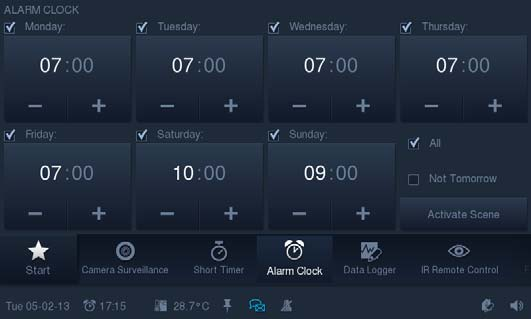 Funktionsbeskrivningar 13.23 Alarmklocka Det går att ange veckodagsspecifika larmtider som öppnar en särskild scen för väckningen (t.ex. starta mediaspelare med favoritmusik).