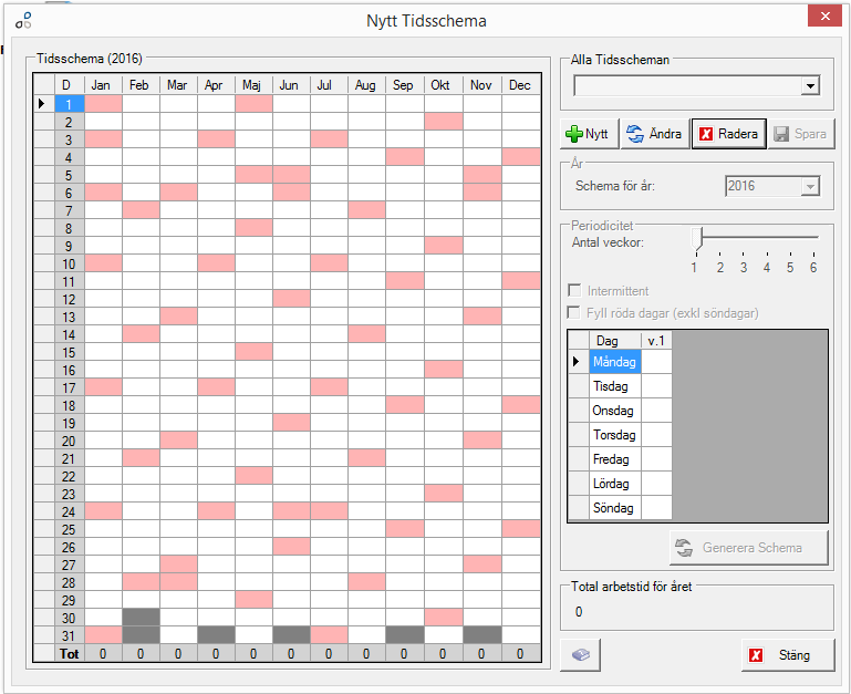 5. Bilaga 1: Skapa nytt tidschema Välj Lön / Tidscheman Här anger man hur många timmar per dag respektive anställd ska arbeta, inkl. semester.