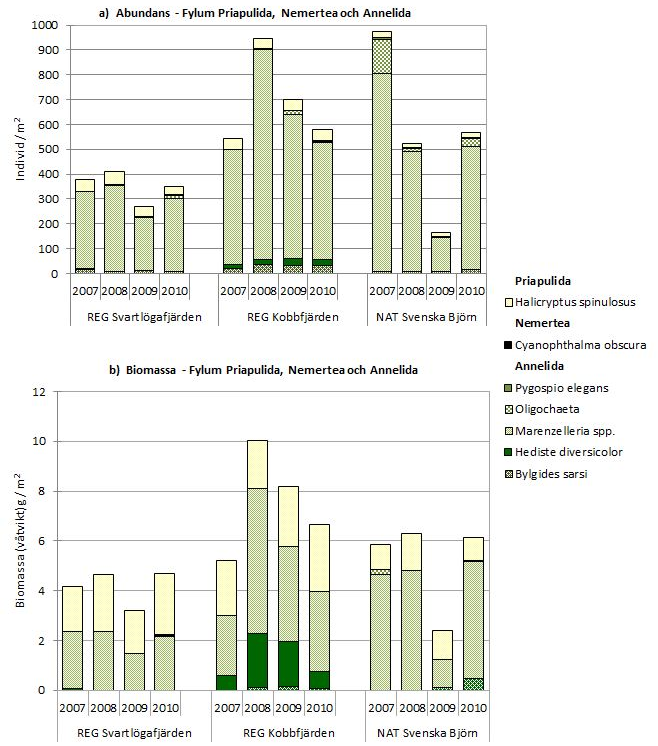 3.2.1 Abundans och biomassa per taxa inom respektive fylum Figur 5. a) Individtäthet per m 2 och b) Biomassa per m 2. Fylum Priapulida utgörs av arten Halicryptus spinulosus (korvmask).