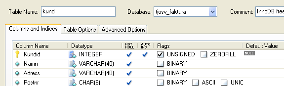 Datatyper Egenskaper Vad är Null NOT NULL AUTO INC UNSIGNED ZEROFILL BINARY ASCII/UNIC DEFAULT VALUE Null är ingenting. 0 är ett tecken. Null är inget tecken Fältet får inte innehålla Null.