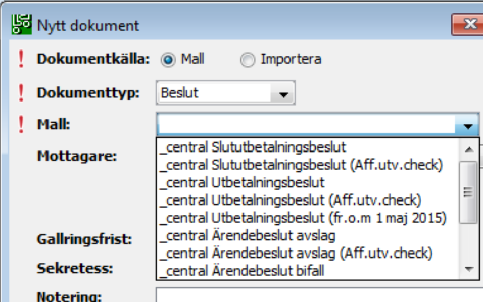 Centrala dokumentmallar Svårt