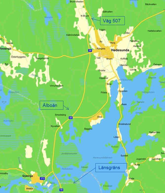2. Områdes- och verksamhetsbeskrivning Den aktuella vägsträckan omfattar en sträcka om 16,7 km på riksväg 56 från Gävleborgs södra länsgräns fram till vägkorsningen med väg 507, se Figur 1.