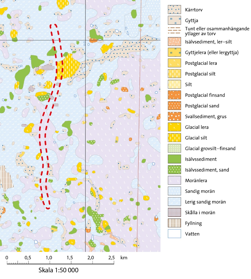 Geotekniska förhållanden Figur 16 Utklipp från SGUs jordartskarta 1:50 000. Röd streckad linje visar utredningsområdet.