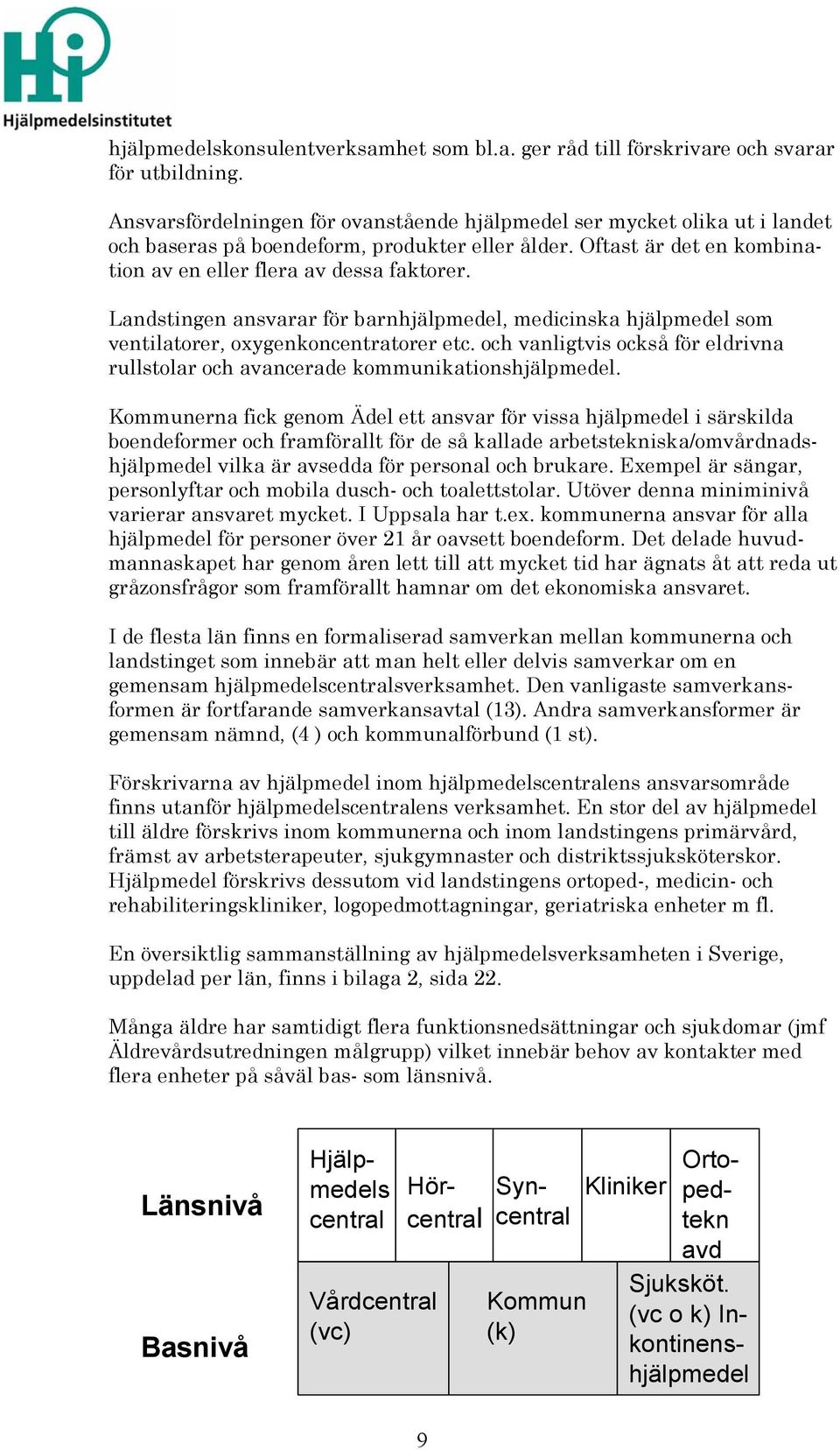 Landstingen ansvarar för barnhjälpmedel, medicinska hjälpmedel som ventilatorer, oxygenkoncentratorer etc. och vanligtvis också för eldrivna rullstolar och avancerade kommunikationshjälpmedel.