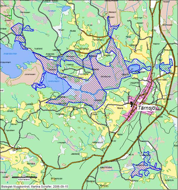 Karta 7. Tärnsjöområdet (delområden: Skällarmossen/Hällnäset, Nordmyranområdet, Åängarna, Dunsjön). Streckade områden visar potentiella myggbekämpningsområden som inventerats på fåglar.