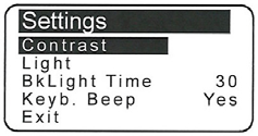 Settings menu (Regleringsmeny) Använd DOWN- eller UPknappen för att ändra parametrarna. Contrast Genom att använda denna funktion är det möjligt att välja kontrasten på displayen.