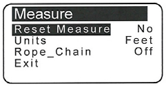 Measure menu (Mätningsmeny) Använd DOWN- eller UPknappen för att ändra parametrarna. Reset Measurement Nollställer kättingens mätningsvärde (0,0).