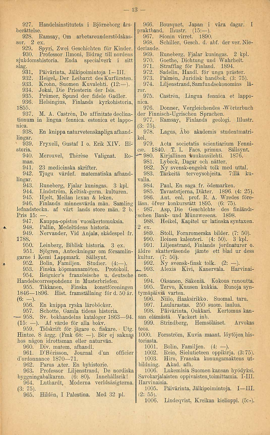 13 927. Handelsinstitutets i Björneborg årsberättelse. 928. Ramsay, Om arbetareunderstödskassor. 2 ex. 929. Spyri, Zwei Geschichten fur Kinder. 930.