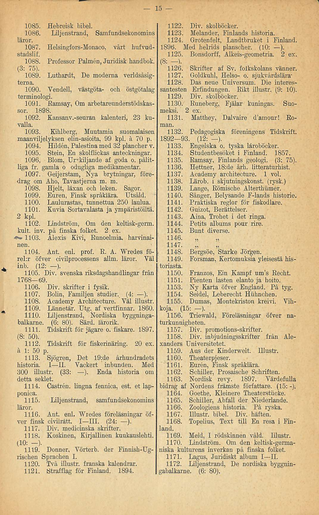 1085. Hebreisk bibel. 1086. Liljenstrand, läror. Samfundsekonomins 1087. Helsingfors-Monaco, vårt hufvudstadslif. 1088. Professor Palmen, Juridisk handbok. (3: 75). 1089.