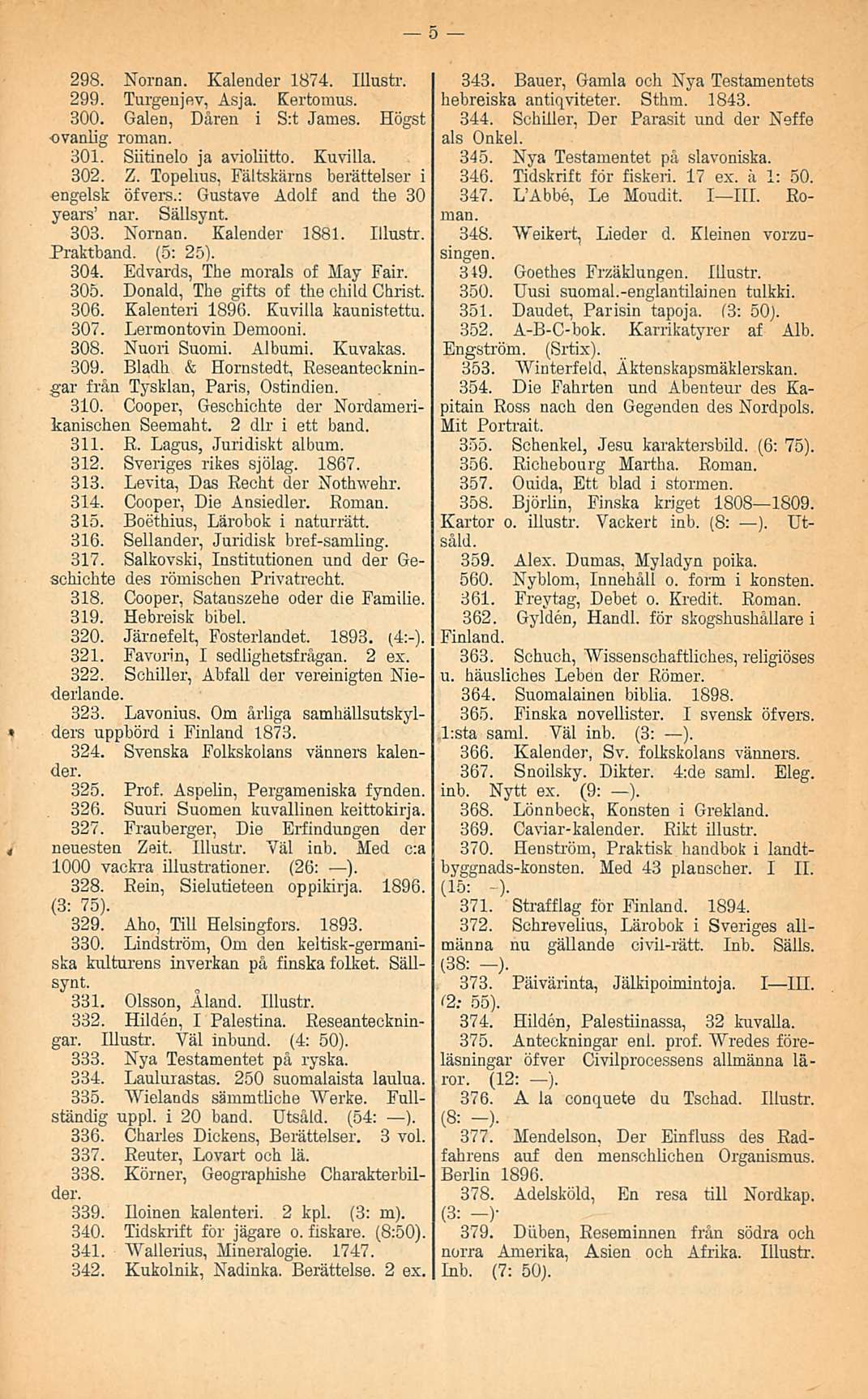 298. Nornan. Kalender 1874. Illustr. 299. Turgenjev, Asja. Kertomus. 300. Galen, Dåren i S:t James. Högst ovanlig roman. 301. Siitinelo ja avioliitto. Kuvilla. 302. Z.