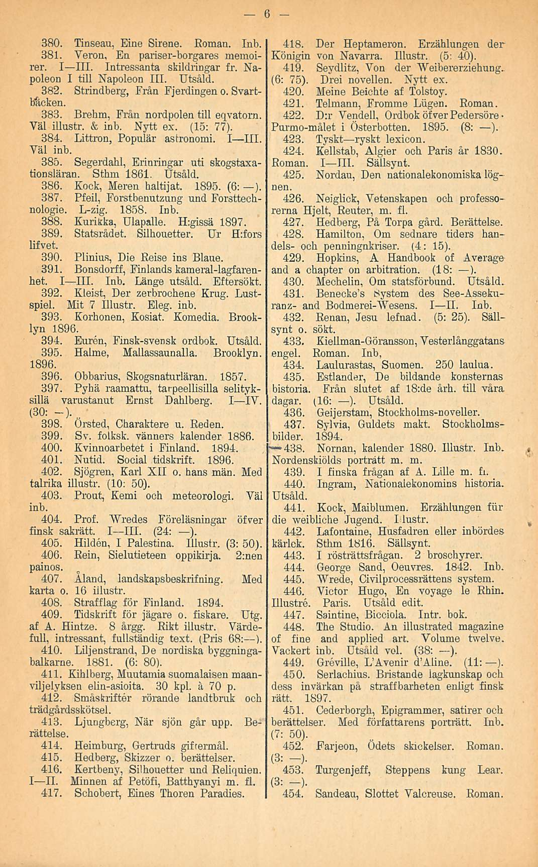 380. Tinseau. Eine Sirene. Roman. Inb. 381. Veron, En pariser-borgares memoirer. I III. Intressanta skildringar fr. Napoleon I tili Napoleon 111. Utsåld. 382. Strindberg, Från Fjerdingen o.