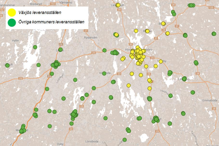 Enheter/leveransadresser finns över hela länet och är koncentrerade till de större orterna. Placering av enheterna/leveransadresser i länet illustreras i kartbilden nedan.