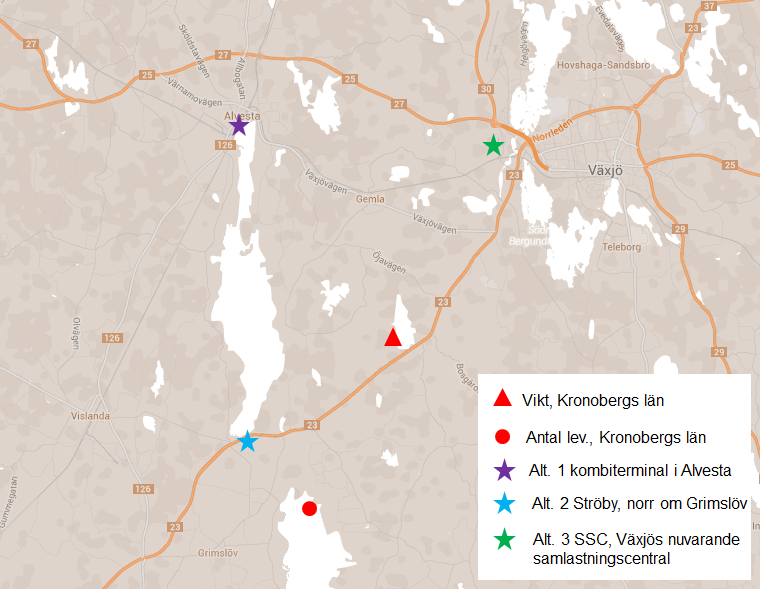 Kartbild 12, lokaliseringsalternativ för regional samlastningscentral.