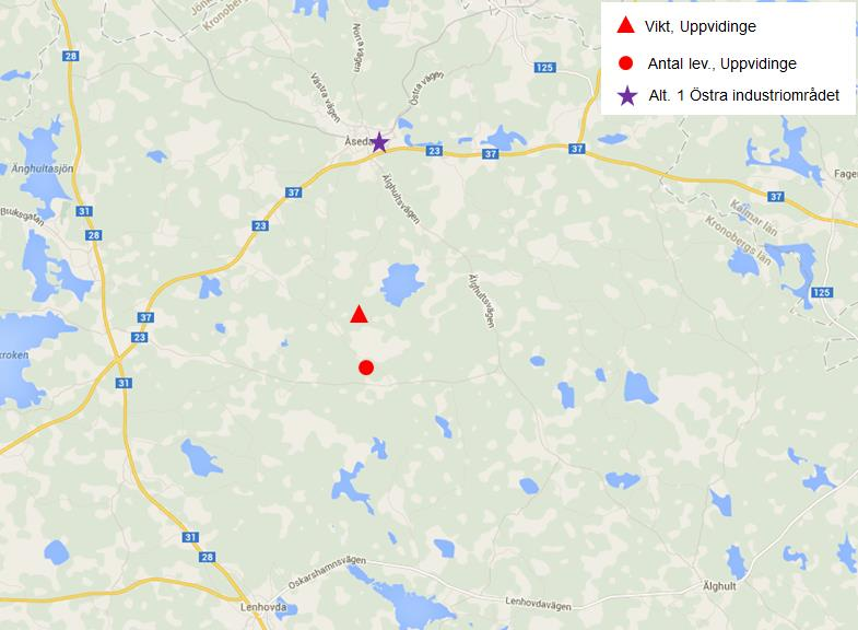 Uppvidinge Aktuella tyngdpunktslägen i Uppvidinge kommun ligger rakt söder om Åseda samhälle relativt långt från bebyggelse och verksamheter. Detta visualiseras i kartan här under.