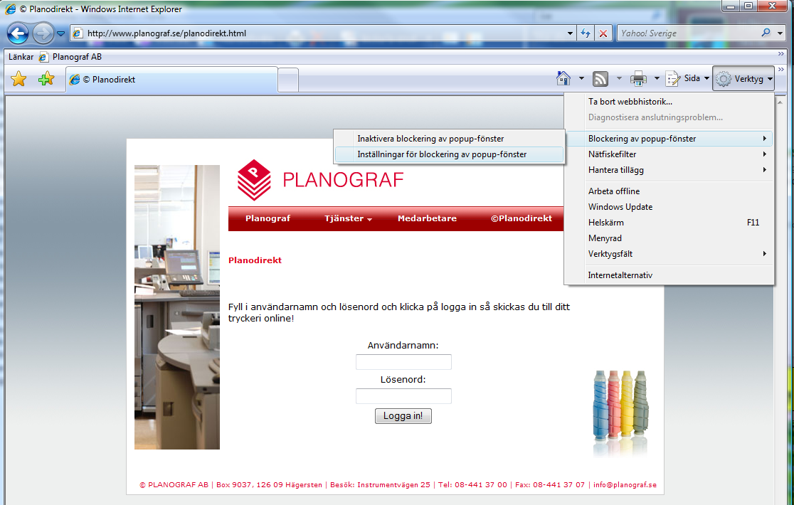 Tillåt popup-fönster För att webbshopen ska fungera felfritt måste man låta webbläsaren tillåta popup-fönster från adresserna www.planograf.se och online. planograf.se. Det gör du genom att följa dessa steg.