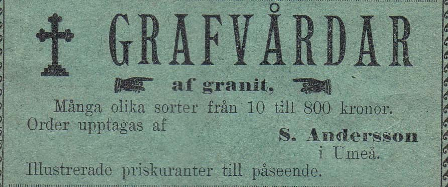 1 Diverse butiker och företag i Umeå Adamssons Sjukvårdsaffär, H. E. Skolgatan 56 Tel. 3330 1948 Andersson & C: o Bosättningsaffär, J. A. Lokal: Hotell Forsberg Tel. 369 1926 Andersson Grafvårdar, S.