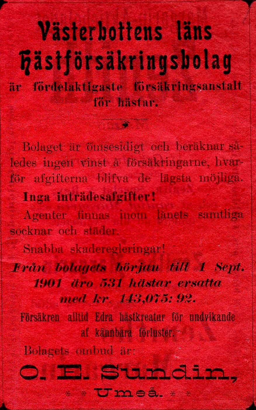 27 Västerbotten läns Hästförsäkringsbolag Umeå 1902 Ombud: O. E. Sundin Västerbottens Skogsbyrå Skogsproduktion. Tel. 1939 -- Fru C. Troedsson -- prok Paul Troedsson.