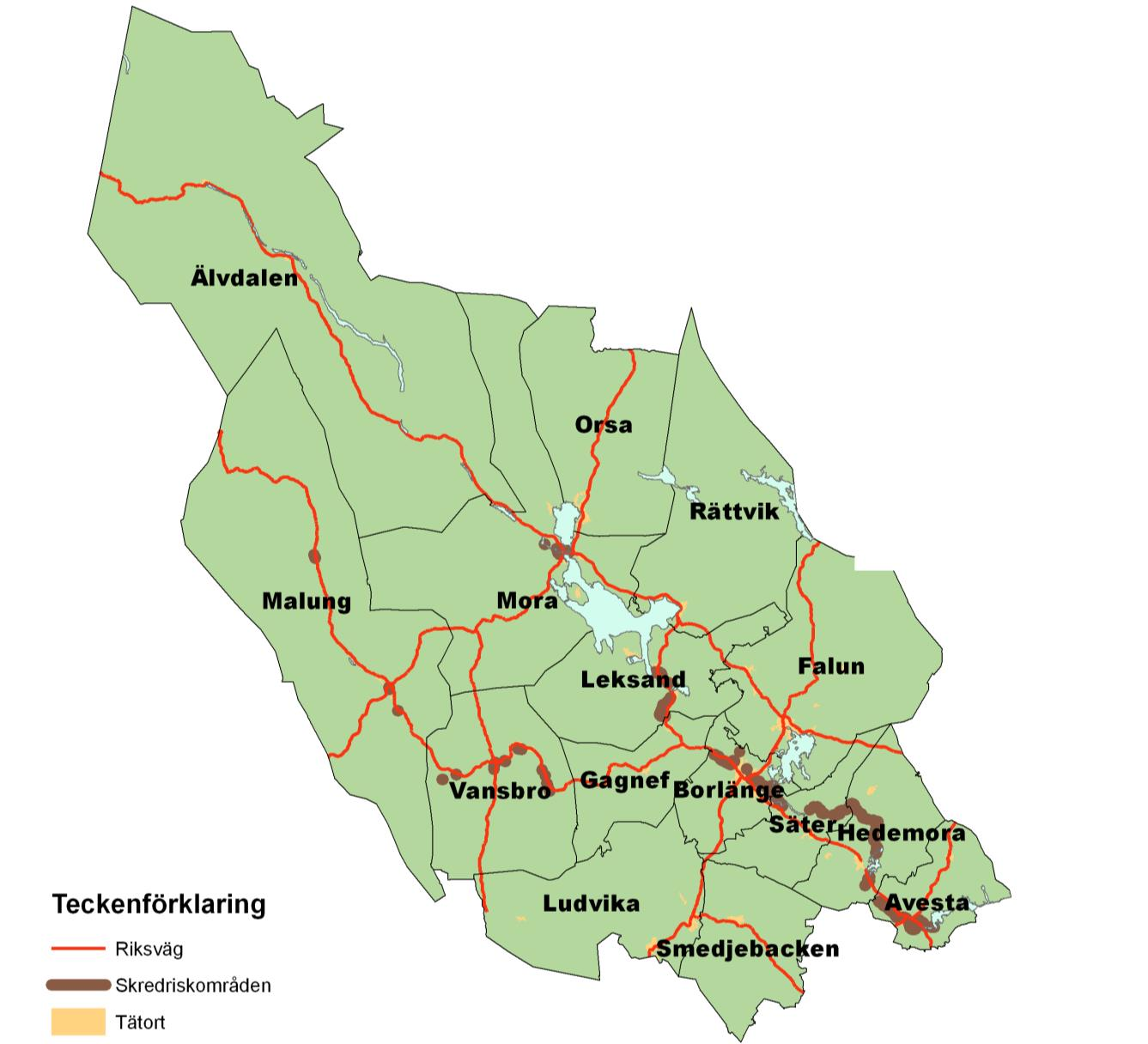 Länsstyrelsen Dalarna, Bakgrundskarta Lantmäteriet Bilden visar skredkänsliga områden i