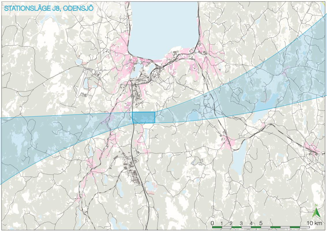 Princip stationsläge J8, Odensjö I principen för J8 förläggs stationen strax öster om E4.